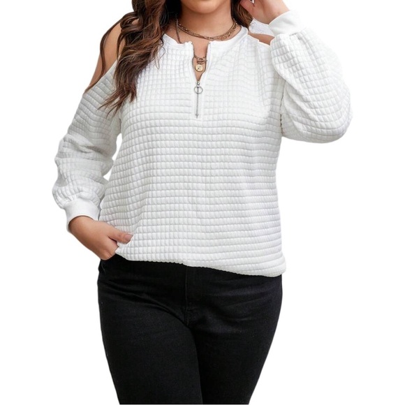 Plus Size Half Zip V-Neck White Cold Shoulder Waffle Knit Sweater Sweatshirt - Picture 8 of 11